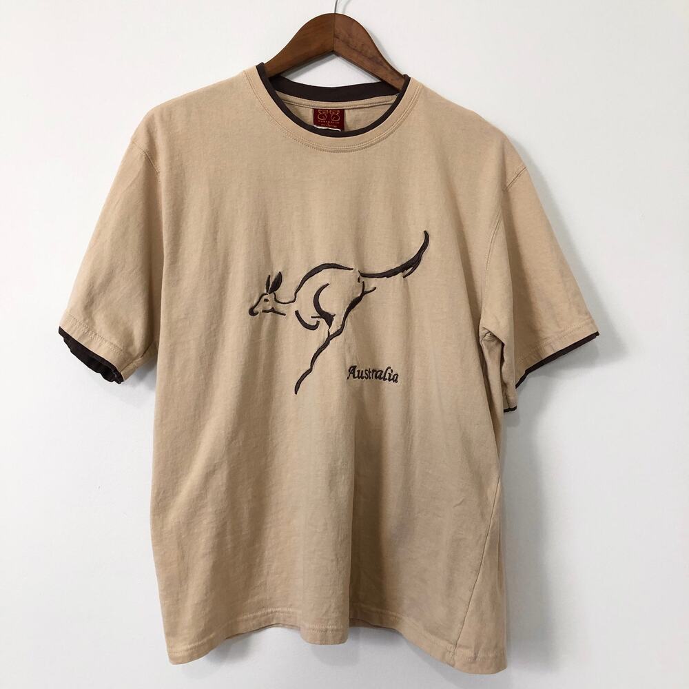 VTG Australia Kangaroo Embroidered T Shirt Beige Tourist Souvenir 90s Animal L‎